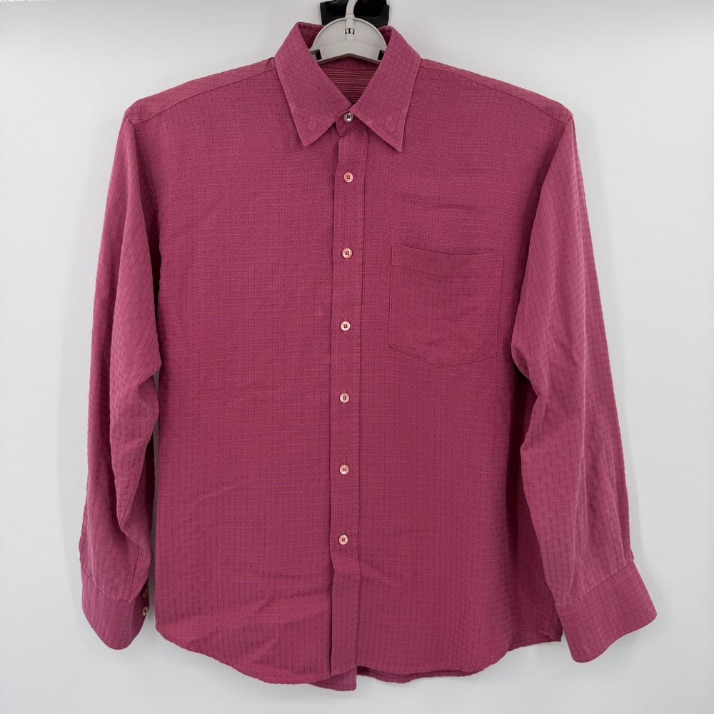 Bugatchi Uomo Mens Magenta‎ Pink Textured Grid Button Down Shirt Long Sleeve M